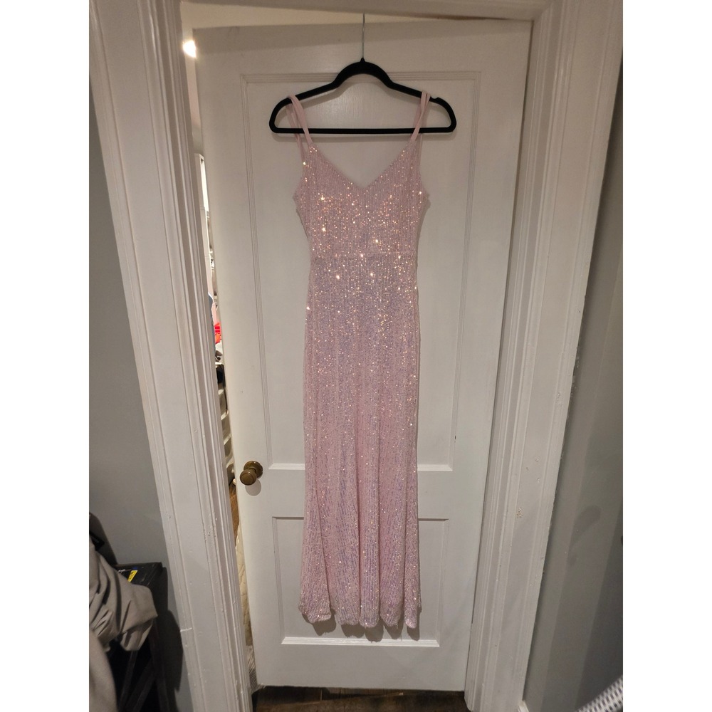 Morgan & Co Pink Sequin Maxi Dress Strappy Open Back Prom Formal Gown Size 0
